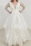 Charming Long Sleeves V-Neck Garden Lace A-Line Wedding Dress-misshow.com