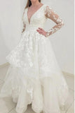 Charming Long Sleeves V-Neck Garden Lace A-Line Wedding Dress-misshow.com