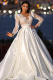 Charming Long Sleeves V-neck Satin Wedding Dress with Lace-misshow.com