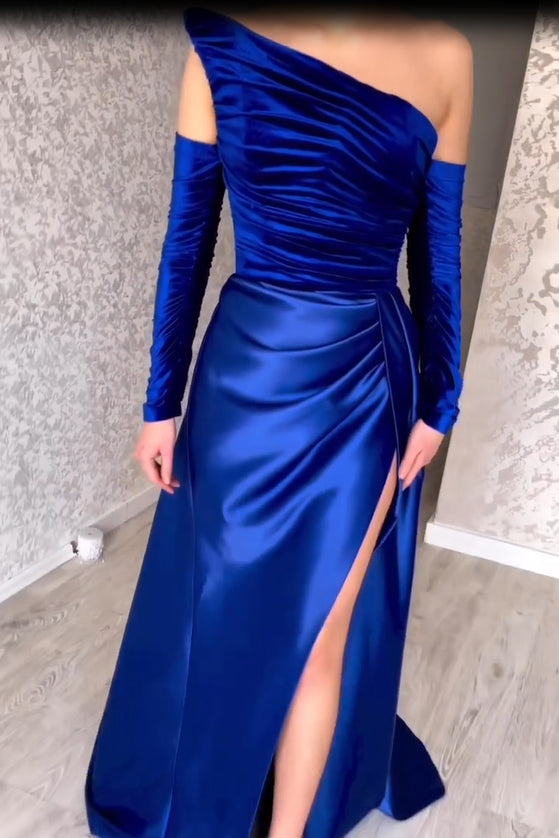Charming Long Strapless A-Line Split Front Prom Dress With Long Sleeves-misshow.com