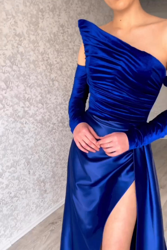 Charming Long Strapless A-Line Split Front Prom Dress With Long Sleeves-misshow.com