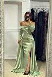 Charming Long Strapless Front Split Satin Mermaid Prom Dress With Long Sleeves-misshow.com
