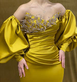 Charming Long Sweetheart Rhinestone Satin Mermaid Prom Dress With Long Sleeves-misshow.com