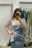 Charming Long V-Neck Long Sleeves Mermaid Prom Dress With Rhinestone-misshow.com