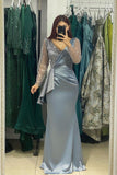 Charming Long V-Neck Long Sleeves Mermaid Prom Dress With Rhinestone-misshow.com