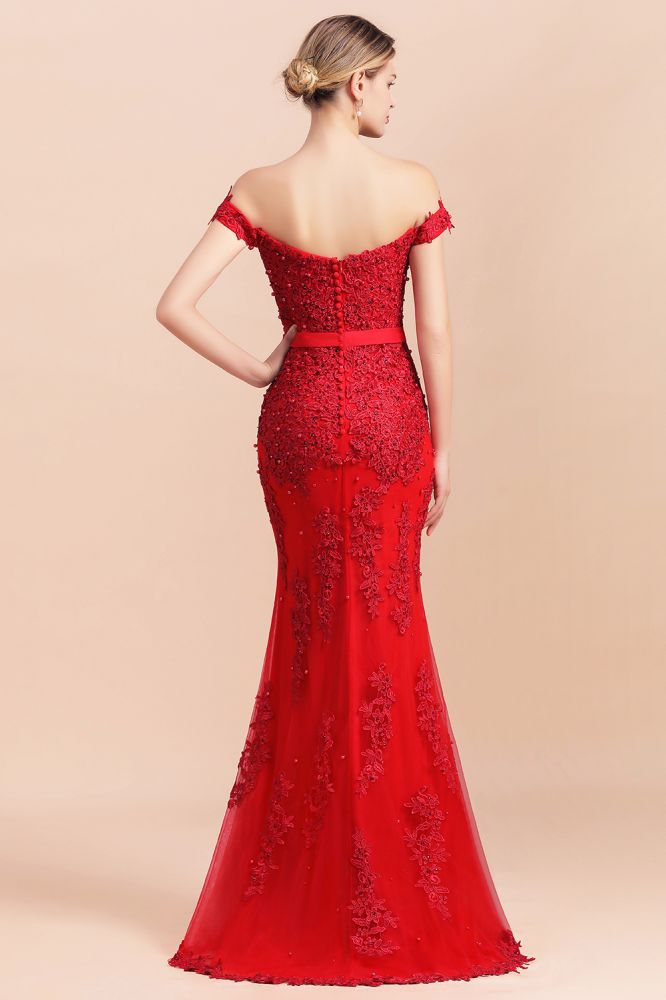 Charming Off-the-Shoulder Lace Appliques Red Mermaid Bridemaid Dres Slim Evening Gown-misshow.com