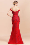 Charming Off-the-Shoulder Lace Appliques Red Mermaid Bridemaid Dres Slim Evening Gown-misshow.com