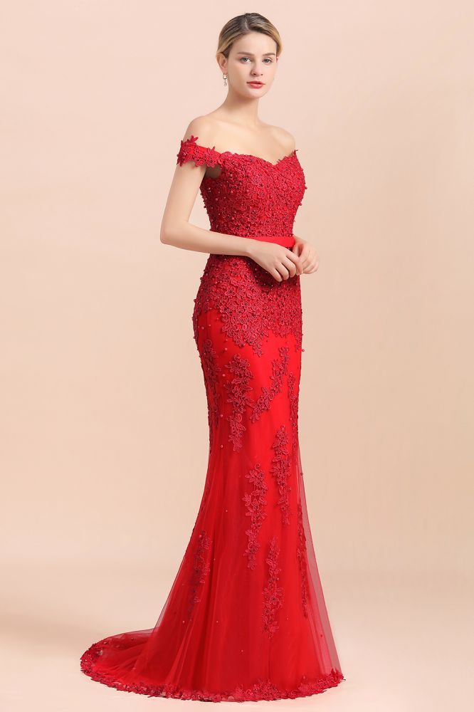 Charming Off-the-Shoulder Lace Appliques Red Mermaid Bridemaid Dres Slim Evening Gown-misshow.com