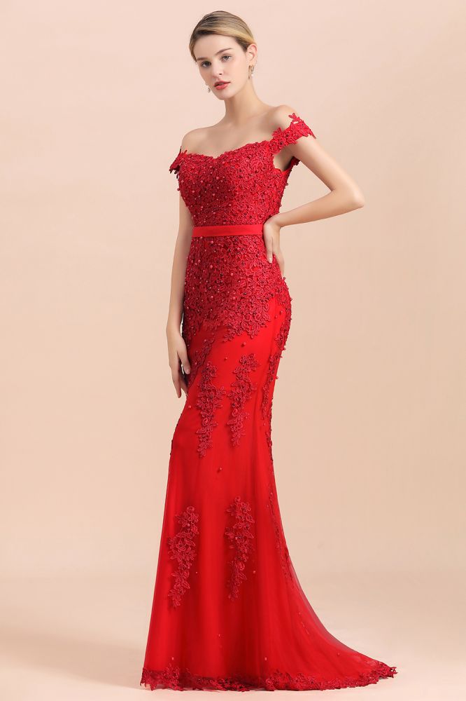 Charming Off-the-Shoulder Lace Appliques Red Mermaid Bridemaid Dres Slim Evening Gown-misshow.com