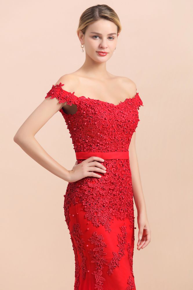 Charming Off-the-Shoulder Lace Appliques Red Mermaid Bridemaid Dres Slim Evening Gown-misshow.com