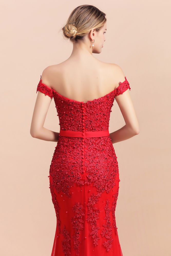 Charming Off-the-Shoulder Lace Appliques Red Mermaid Bridemaid Dres Slim Evening Gown-misshow.com