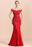 Charming Off-the-Shoulder Lace Appliques Red Mermaid Bridemaid Dres Slim Evening Gown