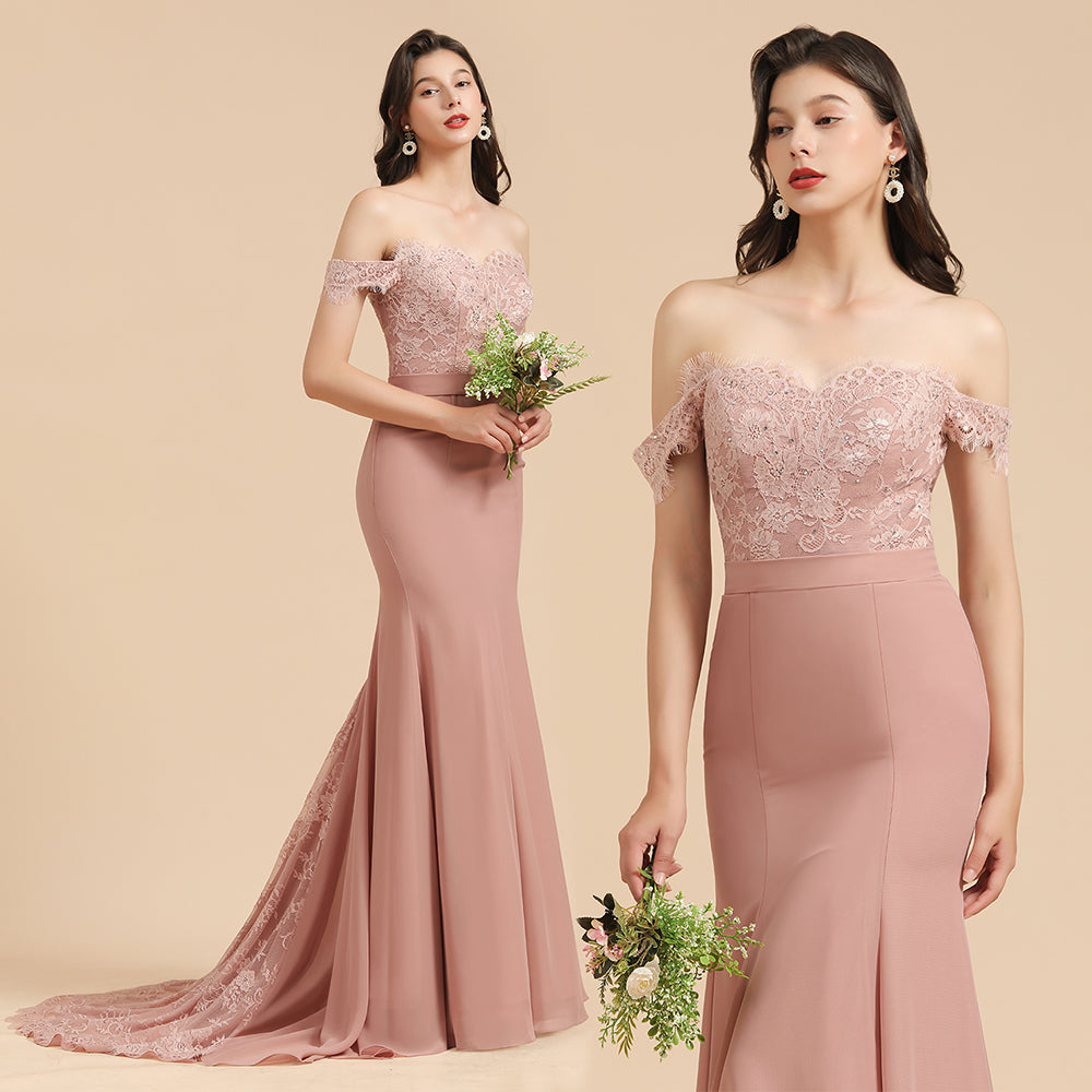 Charming Off the Shoulder Lace Mermaid Party Gown Slim Bridesmaid Dress | MISSHOW Charming Off the Shoulder Lace Mermaid Party Gown Slim Bridesmaid Dress | MISSHOW