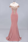 Charming Off-The-Shoulder Mermaid Gold Appliques Prom Dress Slim Floor-Length Evening Gown