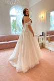 Charming Off the Shoulder Strapless A-Line Lace Tulle Wedding Dress-misshow.com