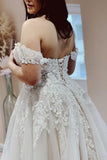 Charming Off the Shoulder Strapless A-Line Lace Tulle Wedding Dress-misshow.com