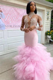 Charming Pink Halter Long Sleeve Transparent lace Column Mermaid Floor-length Prom Dresses-misshow.com