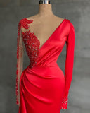 Charming Red Beading Mermaid Prom Dress Side Slit with Lace-misshow.com