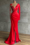 Charming Red Beading Mermaid Prom Dress Side Slit with Lace-misshow.com