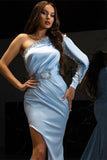 Charming Sky Blue One Shoulder Satin Mermaid Evening Party Dress with Front Slit-misshow.com
