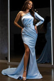 Charming Sky Blue One Shoulder Satin Mermaid Evening Party Dress with Front Slit