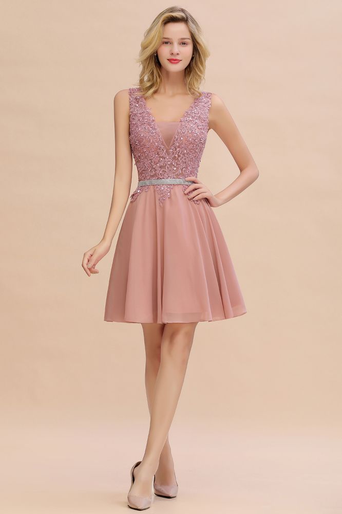 Looking for Prom Dresses,Evening Dresses,Homecoming Dresses,Bridesmaid Dresses,Quinceanera dresses in 100D Chiffon, A-line style, and Gorgeous Lace work  MISSHOW has all covered on this elegant Charming Sleeveless Aline Short Homecoming Dress Floral Appliques V-Neck Chiffon Mini Party Dress.