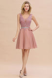Charming Sleeveless Aline Short Homecoming Dress Floral Appliques V-Neck Chiffon Mini Party Dress