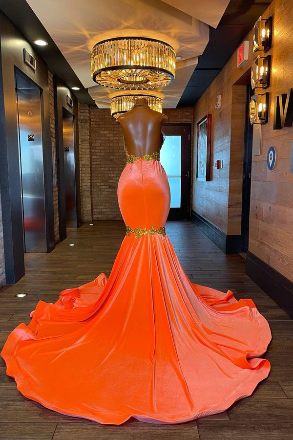 Charming Sleeveless Halter Backless Mermaid Prom Dress With Gold Beading-misshow.com