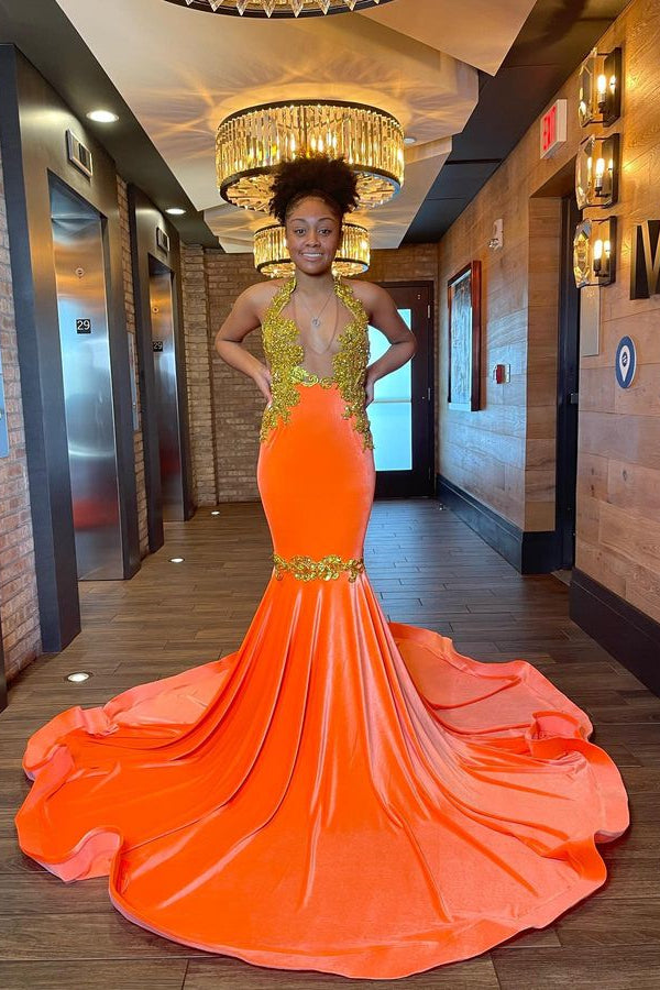 Charming Sleeveless Halter Backless Mermaid Prom Dress With Gold Beading-misshow.com