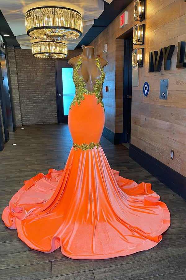 Charming Sleeveless Halter Backless Mermaid Prom Dress With Gold Beading-misshow.com