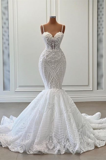 Charming Sleeveless Spaghetti Straps Mermaid Wedding Dress with Ruffles-misshow.com