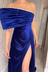 Charming Strapless Royal Blue Split From A-line Satin Prom Dress