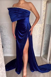 Charming Strapless Royal Blue Split From A-line Satin Prom Dress-misshow.com