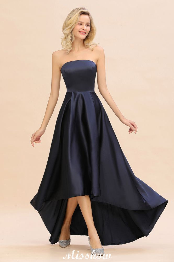 Charming Strapless Satin Navy Hi-Lo Eveing Party Gowns Party Dress-misshow.com