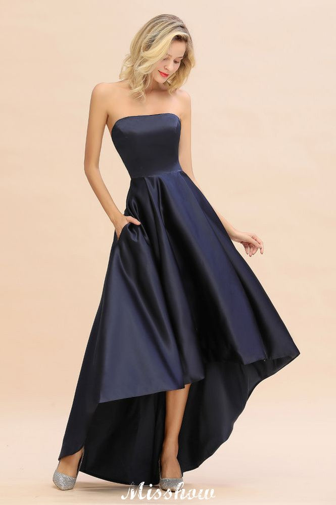 Charming Strapless Satin Navy Hi-Lo Eveing Party Gowns Party Dress-misshow.com