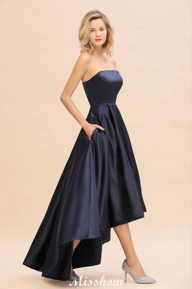 Charming Strapless Satin Navy Hi-Lo Eveing Party Gowns Party Dress-misshow.com