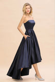 Charming Strapless Satin Navy Hi-Lo Eveing Party Gowns Party Dress-misshow.com