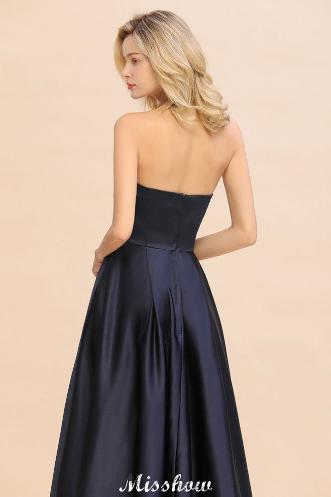 Charming Strapless Satin Navy Hi-Lo Eveing Party Gowns Party Dress-misshow.com