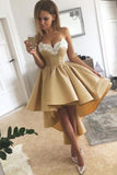 Charming Sweetheart Lace Hi-Lo Homecoming Dress Gold Sleveless Short Party Dress with Appliques-misshow.com