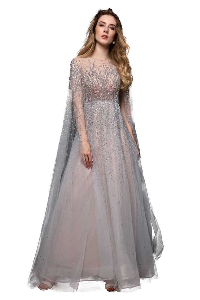 Looking for Prom Dresses,Evening Dresses,Homecoming Dresses,Quinceanera dresses in Tulle, A-line style, and Gorgeous Beading work  MISSHOW has all covered on this elegant Charming Tulle Floor Length Evening Party Dress Sparkly Beads Prom Dress with Back Cape.