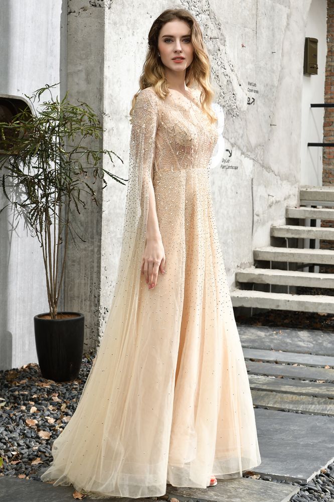 Looking for Prom Dresses,Evening Dresses,Homecoming Dresses,Quinceanera dresses in Tulle, A-line style, and Gorgeous Beading work  MISSHOW has all covered on this elegant Charming Tulle Floor Length Evening Party Dress Sparkly Beads Prom Dress with Back Cape.