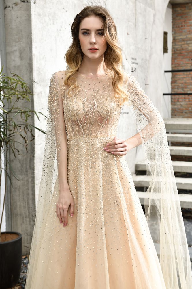 Looking for Prom Dresses,Evening Dresses,Homecoming Dresses,Quinceanera dresses in Tulle, A-line style, and Gorgeous Beading work  MISSHOW has all covered on this elegant Charming Tulle Floor Length Evening Party Dress Sparkly Beads Prom Dress with Back Cape.