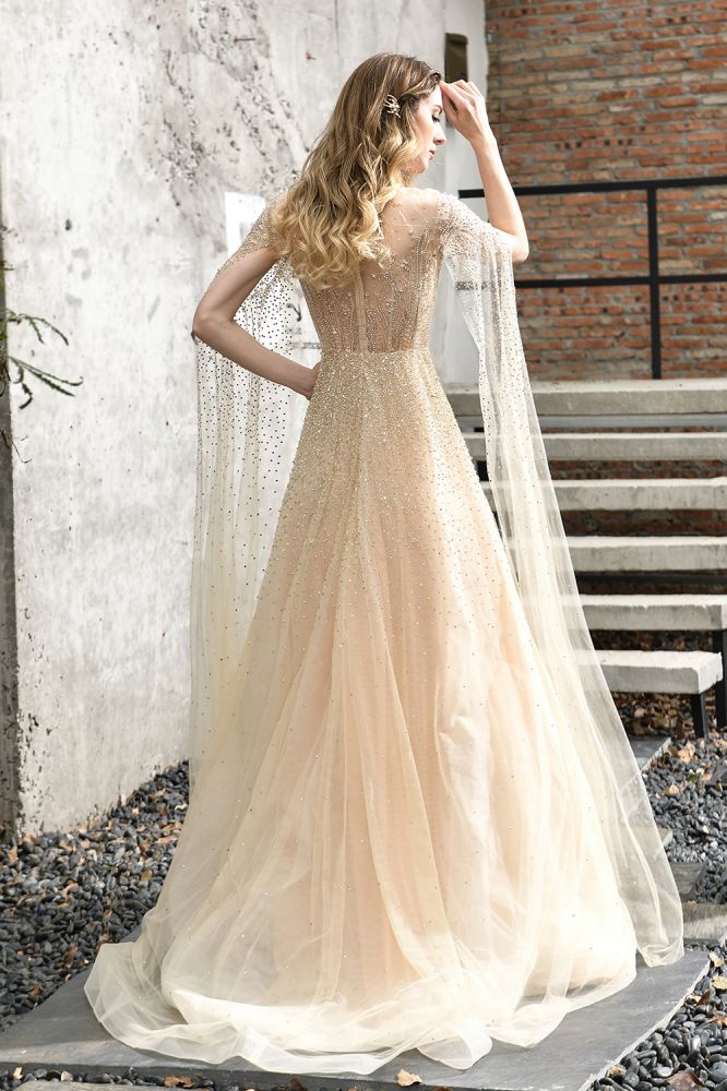 Looking for Prom Dresses,Evening Dresses,Homecoming Dresses,Quinceanera dresses in Tulle, A-line style, and Gorgeous Beading work  MISSHOW has all covered on this elegant Charming Tulle Floor Length Evening Party Dress Sparkly Beads Prom Dress with Back Cape.