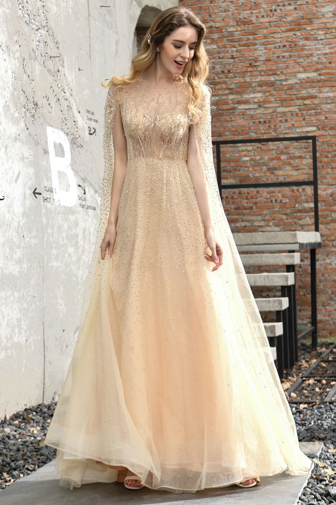 Looking for Prom Dresses,Evening Dresses,Homecoming Dresses,Quinceanera dresses in Tulle, A-line style, and Gorgeous Beading work  MISSHOW has all covered on this elegant Charming Tulle Floor Length Evening Party Dress Sparkly Beads Prom Dress with Back Cape.