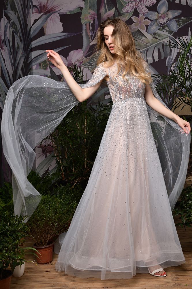 Looking for Prom Dresses,Evening Dresses,Homecoming Dresses,Quinceanera dresses in Tulle, A-line style, and Gorgeous Beading work  MISSHOW has all covered on this elegant Charming Tulle Floor Length Evening Party Dress Sparkly Beads Prom Dress with Back Cape.