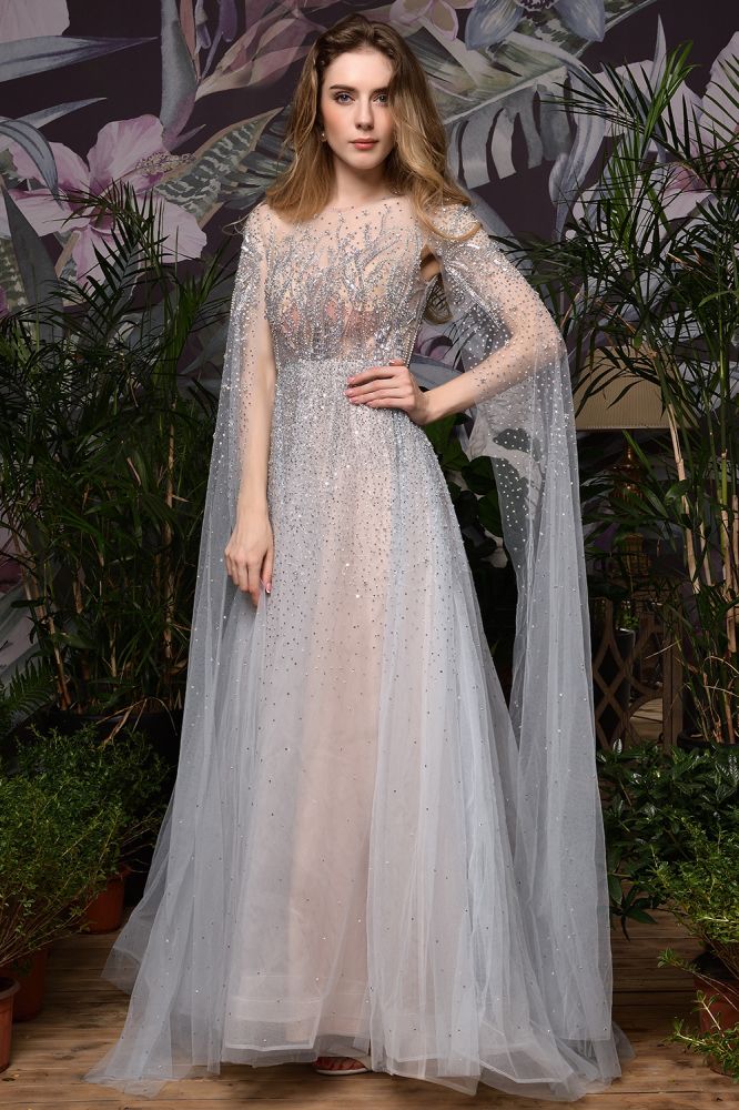 Looking for Prom Dresses,Evening Dresses,Homecoming Dresses,Quinceanera dresses in Tulle, A-line style, and Gorgeous Beading work  MISSHOW has all covered on this elegant Charming Tulle Floor Length Evening Party Dress Sparkly Beads Prom Dress with Back Cape.