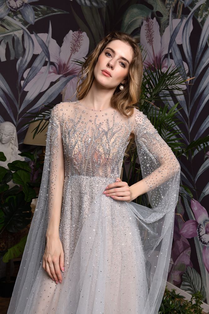 Looking for Prom Dresses,Evening Dresses,Homecoming Dresses,Quinceanera dresses in Tulle, A-line style, and Gorgeous Beading work  MISSHOW has all covered on this elegant Charming Tulle Floor Length Evening Party Dress Sparkly Beads Prom Dress with Back Cape.