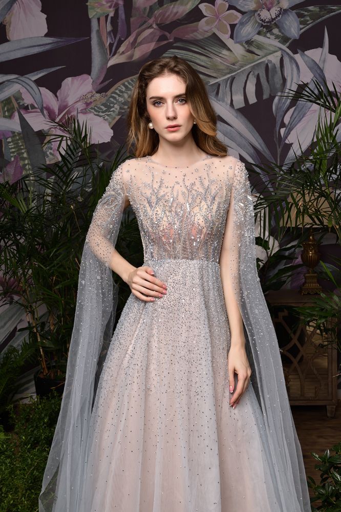 Looking for Prom Dresses,Evening Dresses,Homecoming Dresses,Quinceanera dresses in Tulle, A-line style, and Gorgeous Beading work  MISSHOW has all covered on this elegant Charming Tulle Floor Length Evening Party Dress Sparkly Beads Prom Dress with Back Cape.
