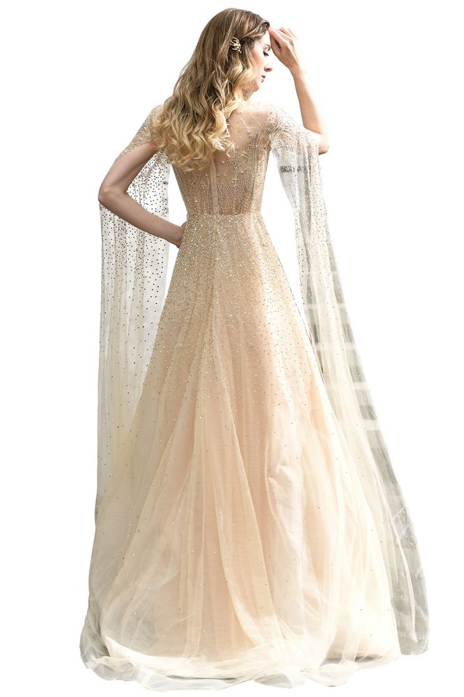 Looking for Prom Dresses,Evening Dresses,Homecoming Dresses,Quinceanera dresses in Tulle, A-line style, and Gorgeous Beading work  MISSHOW has all covered on this elegant Charming Tulle Floor Length Evening Party Dress Sparkly Beads Prom Dress with Back Cape.