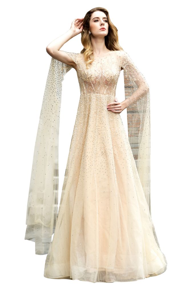 Looking for Prom Dresses,Evening Dresses,Homecoming Dresses,Quinceanera dresses in Tulle, A-line style, and Gorgeous Beading work  MISSHOW has all covered on this elegant Charming Tulle Floor Length Evening Party Dress Sparkly Beads Prom Dress with Back Cape.